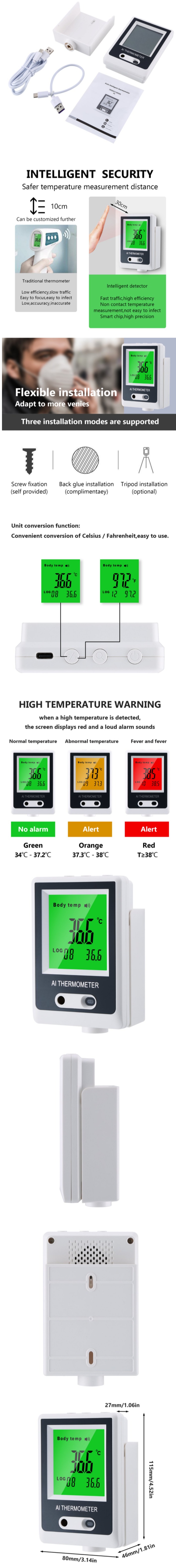 AI Thermometer, A8 Auto Inteligent Thermometer, Automatic Smart Thermometer, K-30 Automatic Smart Thermometer, Wall-mounted Body Thermometer, Infrared Forehead Thermometer,